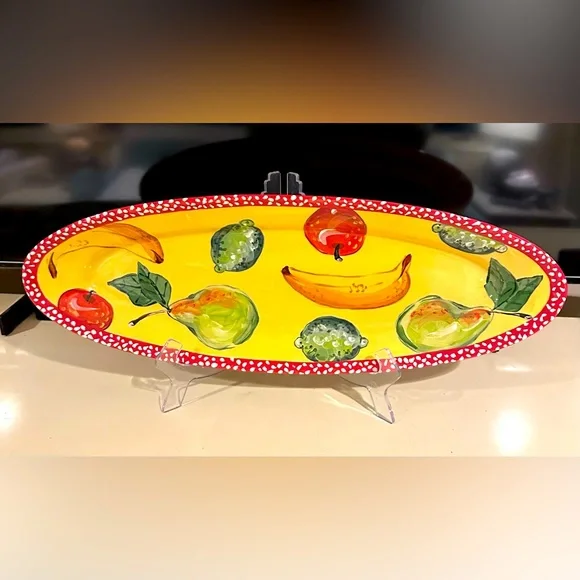 NEW DROLL DESIGNS Long Fruit Platter Tray Red Polka Dot Rim Handpainted signed